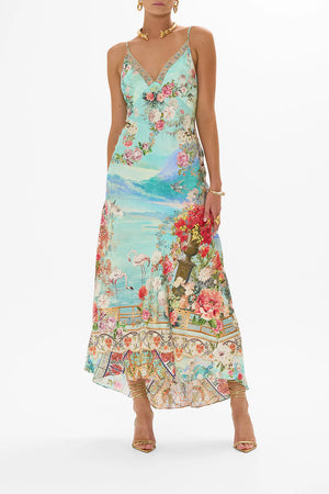 CAMILLA V NECK BIAS SLIP DRESS WITH BACK FRILL -SALE