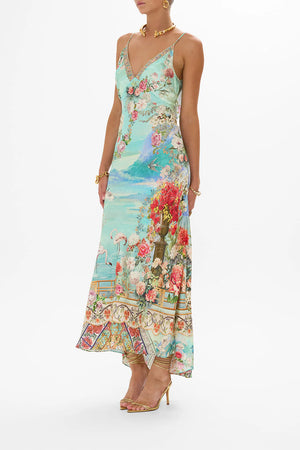 CAMILLA V NECK BIAS SLIP DRESS WITH BACK FRILL -SALE
