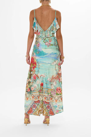 CAMILLA V NECK BIAS SLIP DRESS WITH BACK FRILL -SALE