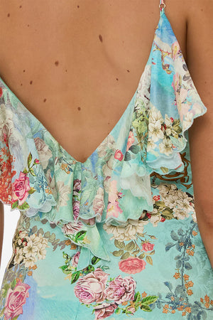 CAMILLA V NECK BIAS SLIP DRESS WITH BACK FRILL -SALE